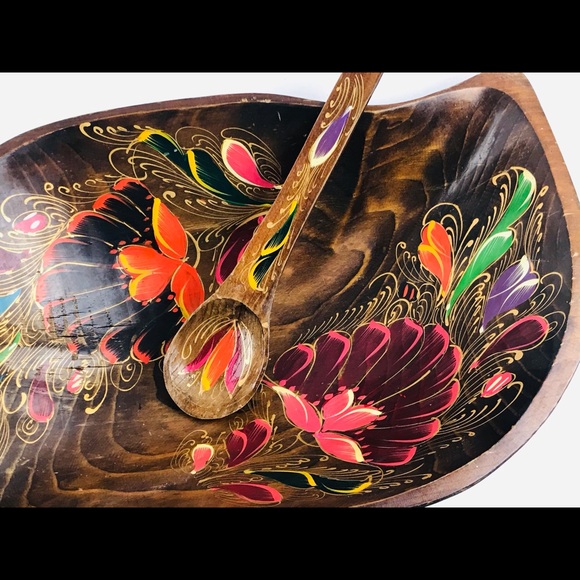 Vintage Lacquer Wood Bowl Handmade Painted Folk Ar - Picture 3 of 12